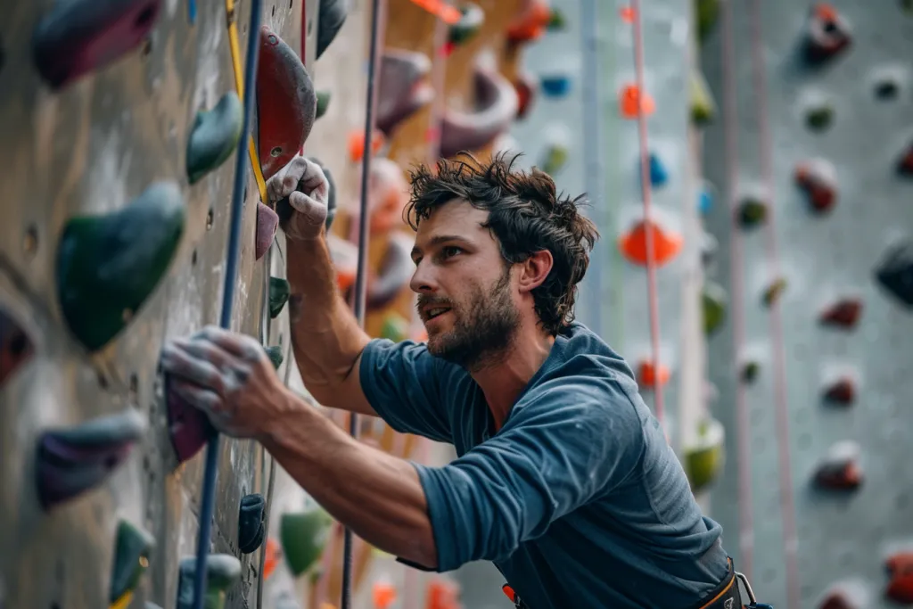 A man in his late thirties, with dark hair and a beard, is climbing on an indoor rock wall