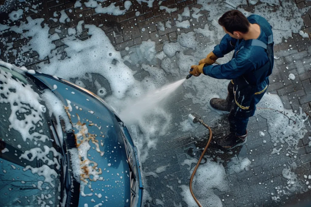 A man in overalls and boots is washing the car