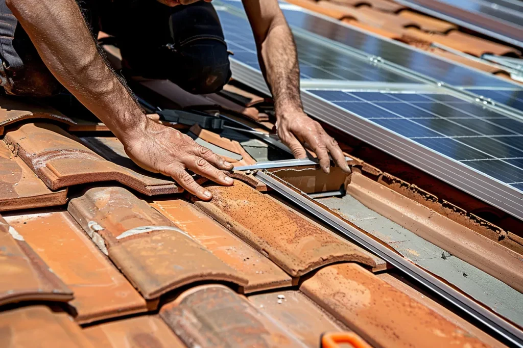 Ein Mann verlegt Solarmodule auf dem Dach seines Hauses