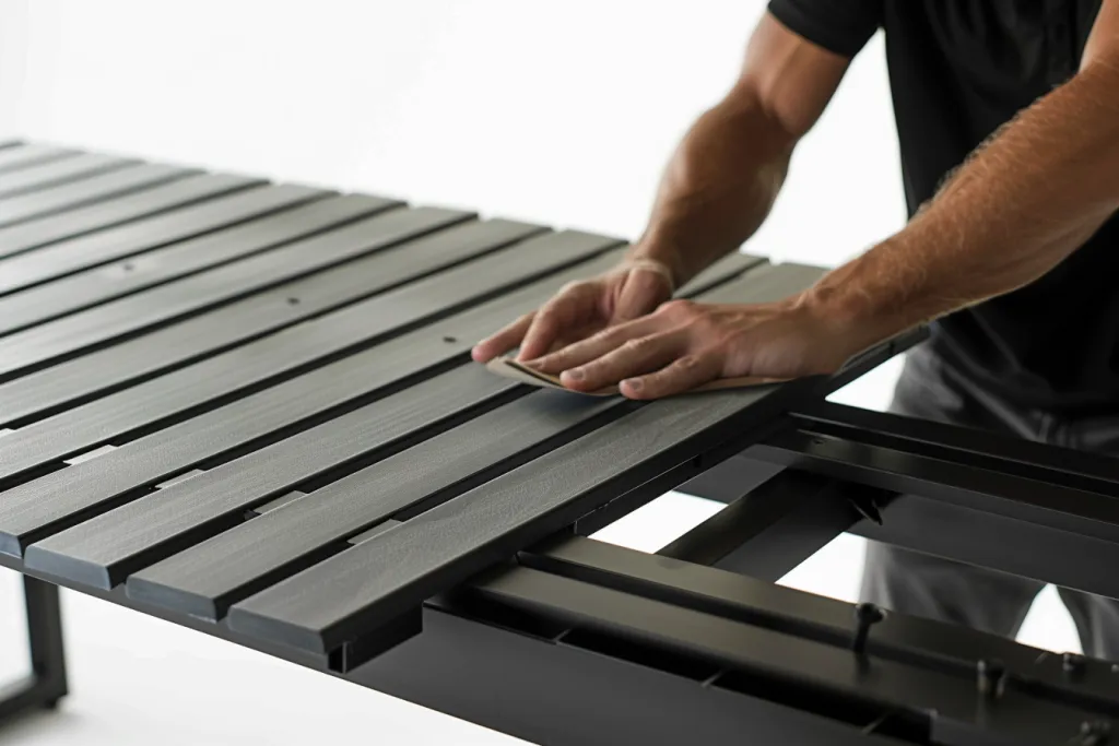 A man is setting up the metal frame of an outdoor dining table with black slats