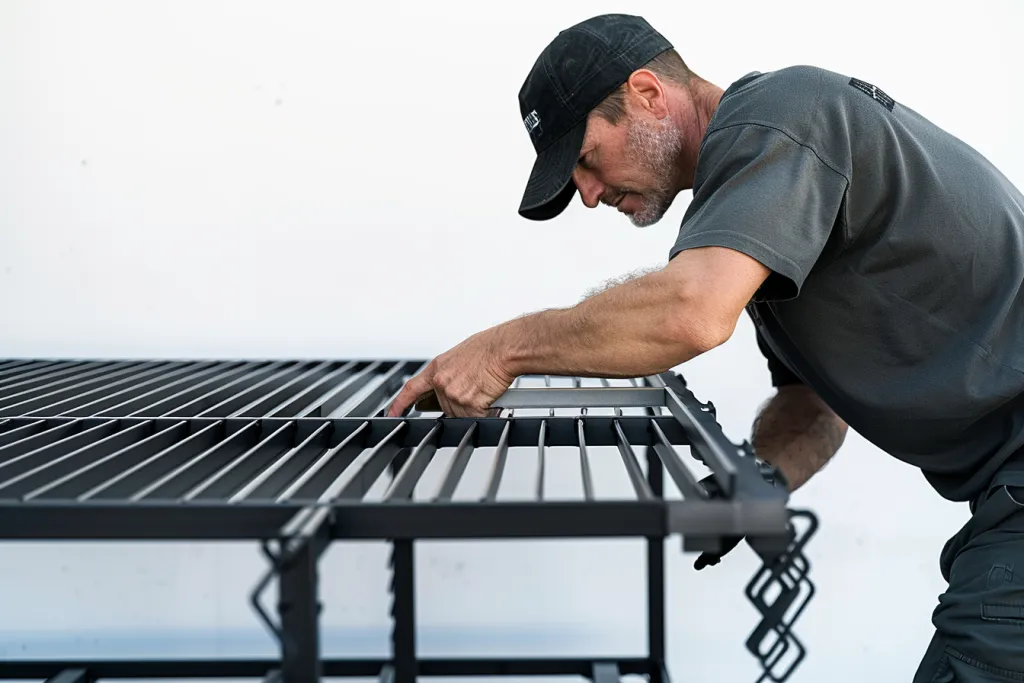 A man is setting up the metal frame of an outdoor dining table