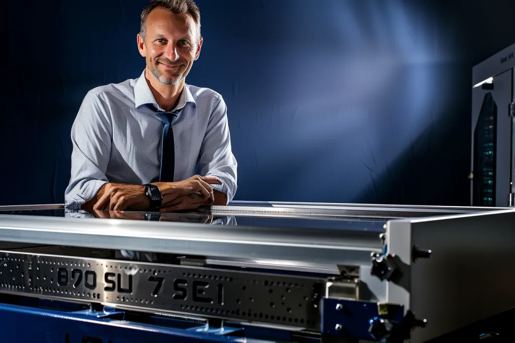 A man standing next to a stainless steel CNC laser machine