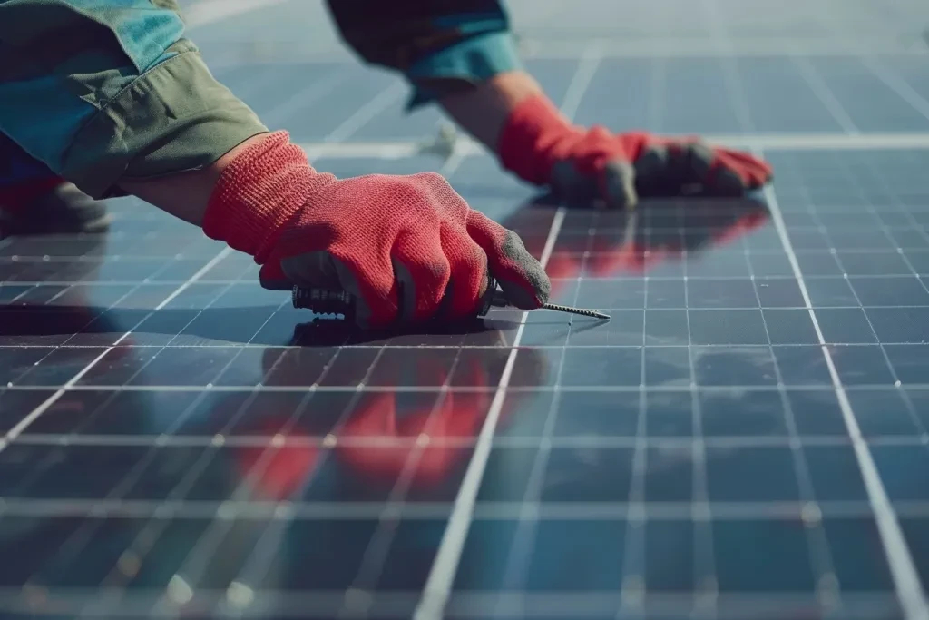 Un homme avec des gants rouges travaillant sur un panneau solaire, l'homme tenant des outils et soulevant l'un des panneaux