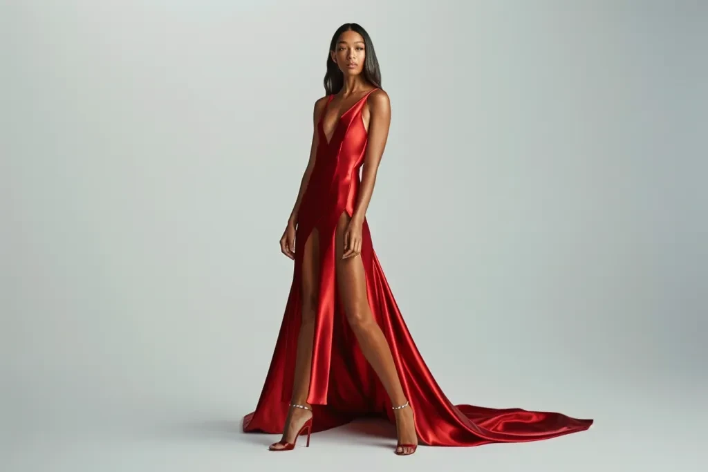 A model in an elegant red dress