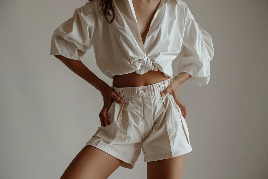 Uma modelo vestindo shorts bege claro com camisa branca e sapatos