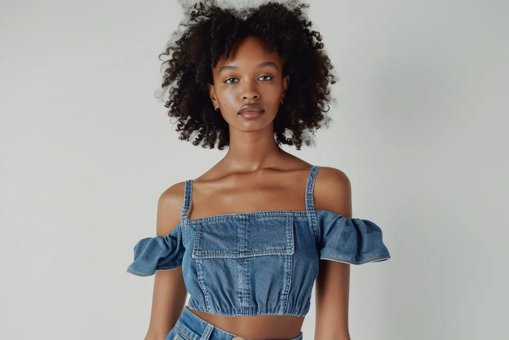 A model wears denim cropped top with square neckline