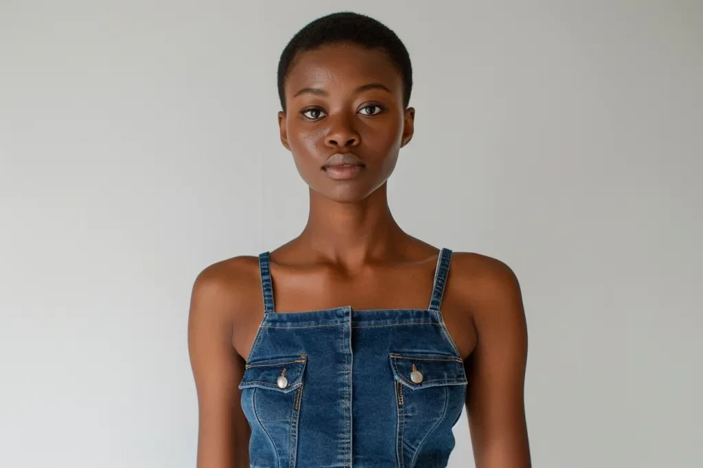 A model wears denim cropped top