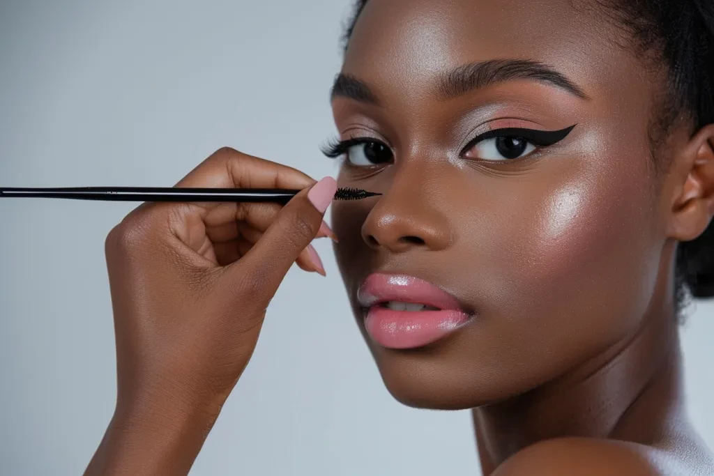 A model with beautiful eyes is applying an eye liner pencil