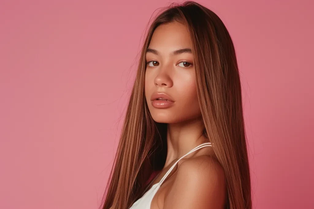 Una modelo con cabello largo y liso de color castaño oscuro.