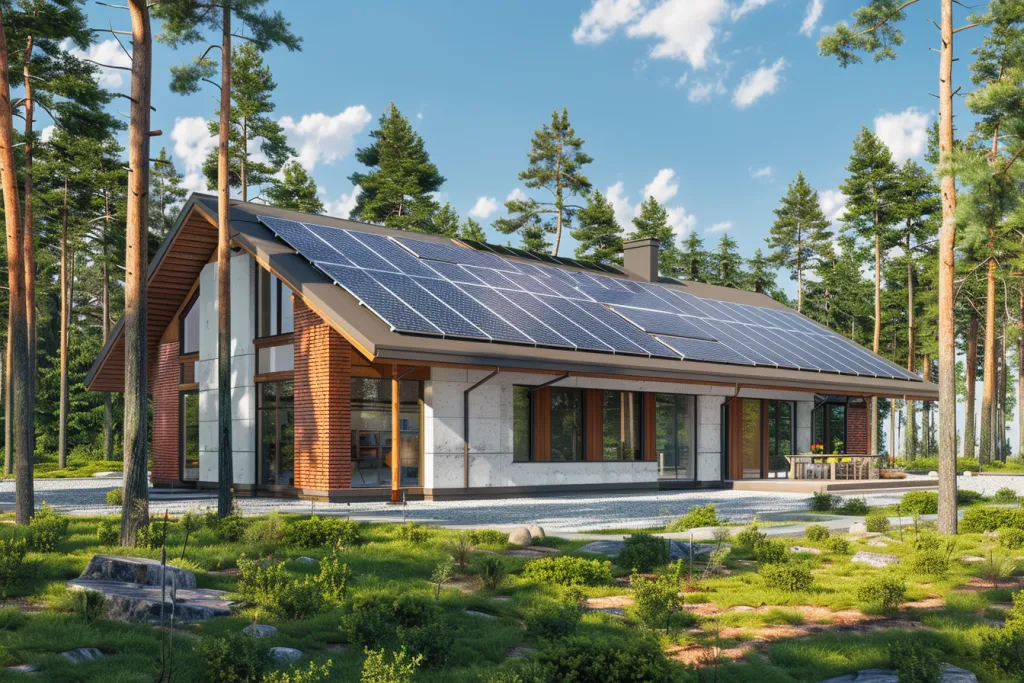Современный семейный дом в лесу с солнечными батареями на крыше, белыми стенами и деталями из красного кирпича.