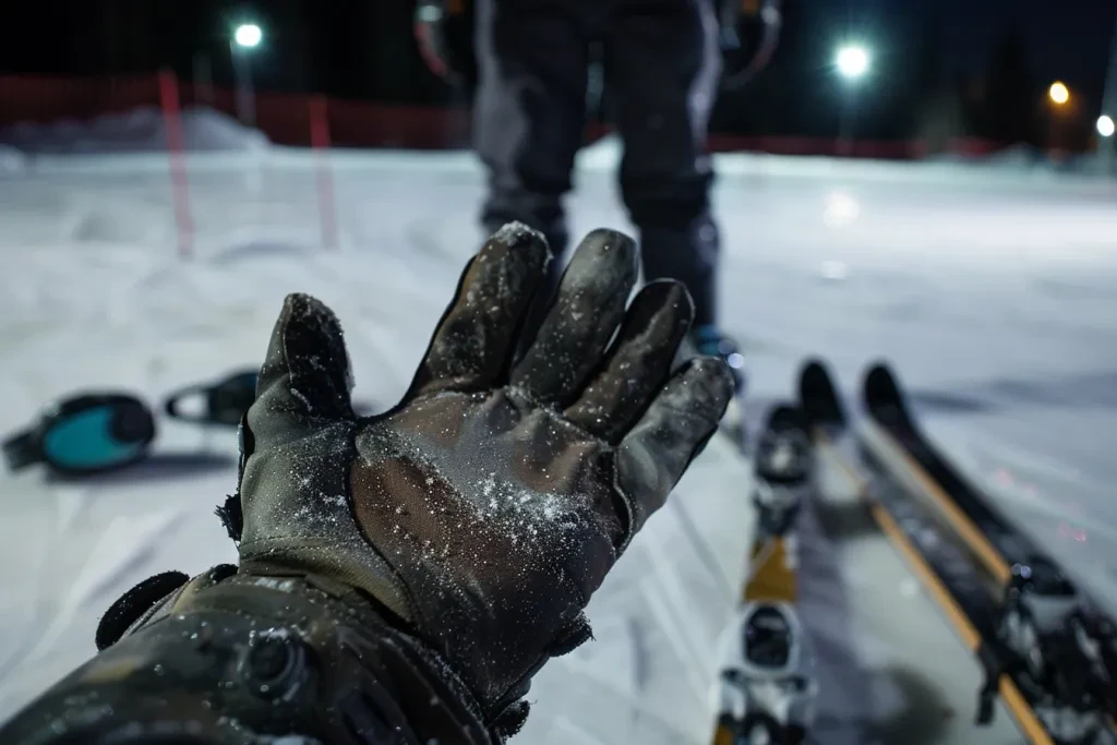 Une paire de gants noirs avec la main gauche apparaissant