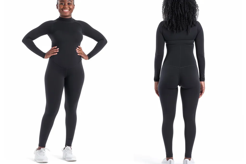 Um par de leggings femininas negras de manga comprida