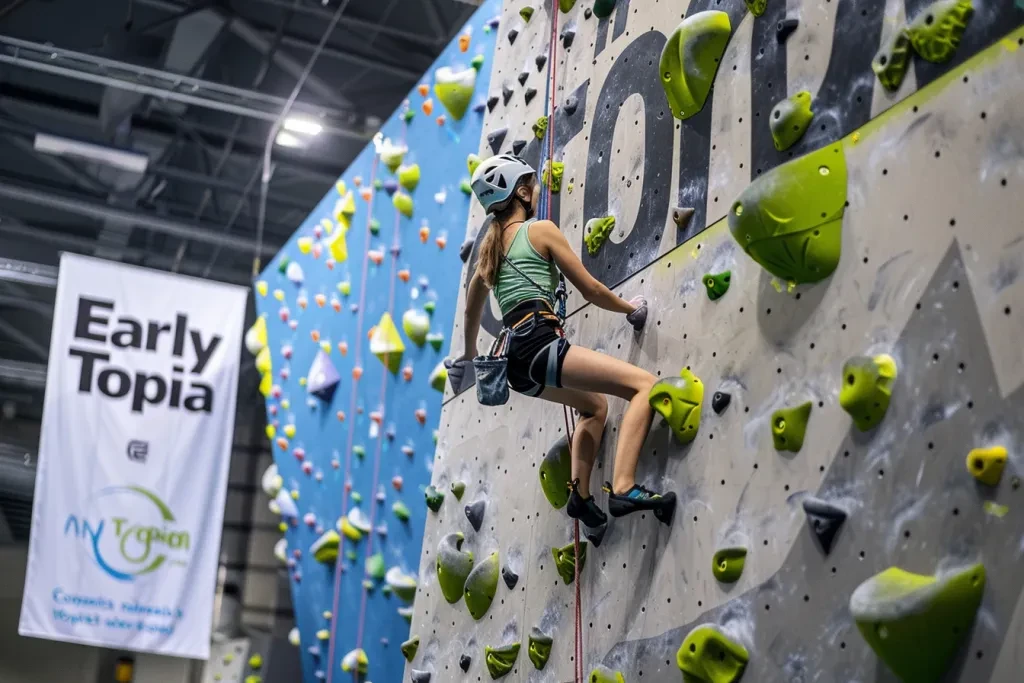 Uma pessoa escalando uma parede de pedra coberta com suportes e equipamentos coloridos, vestindo roupas esportivas e equipamentos de segurança