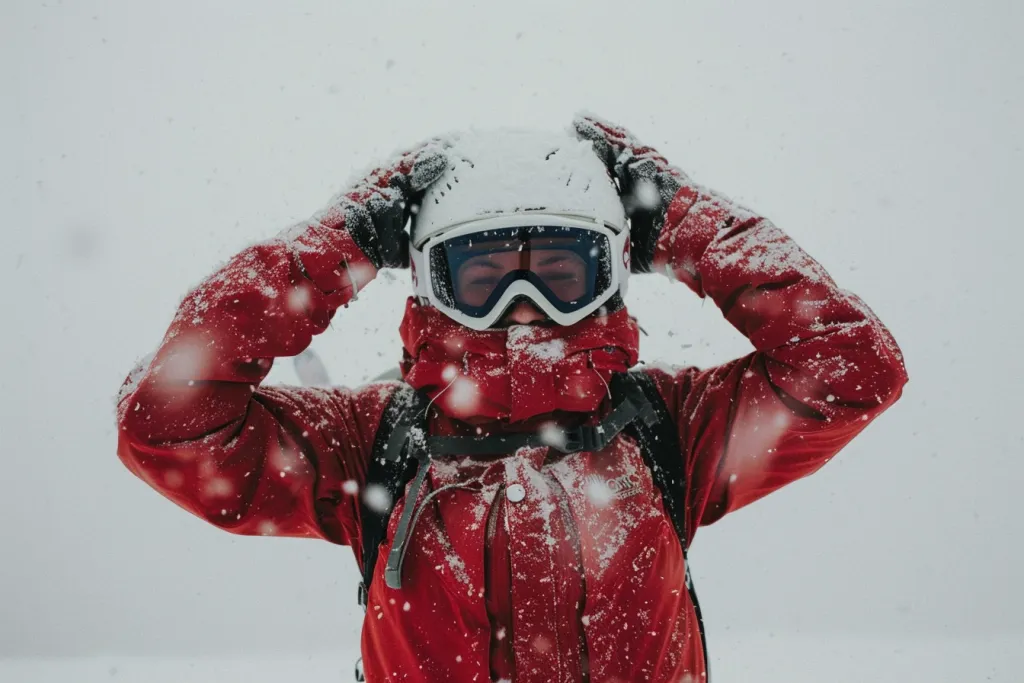 A person in an oversized red jacket