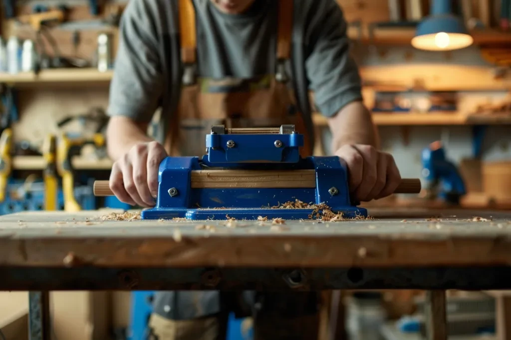 A person is using a blue bench vise