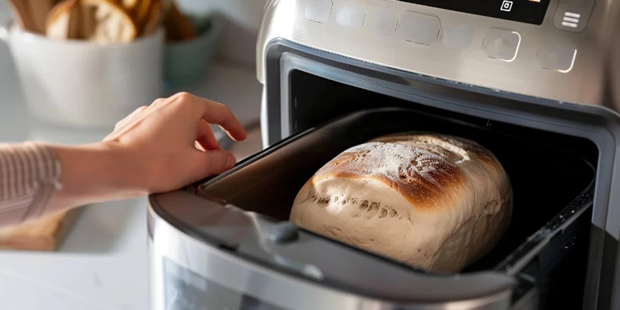 A person is using an electric bread machine