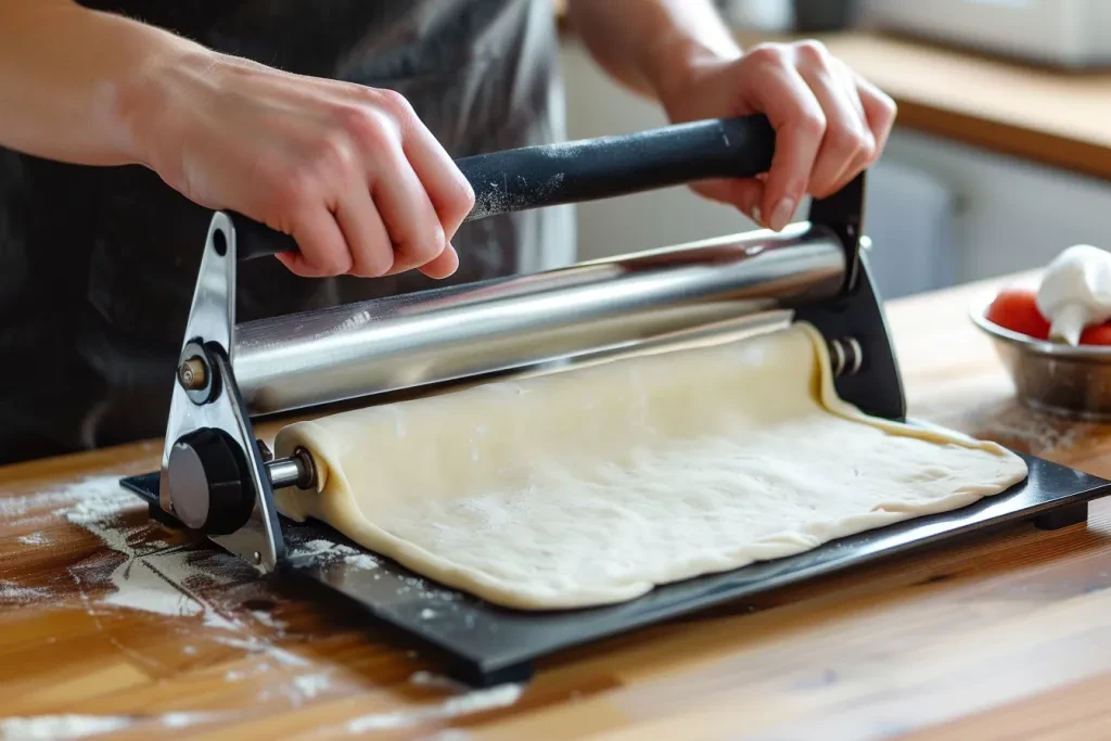 Eine Person benutzt eine elektrische Pizzateigrolle