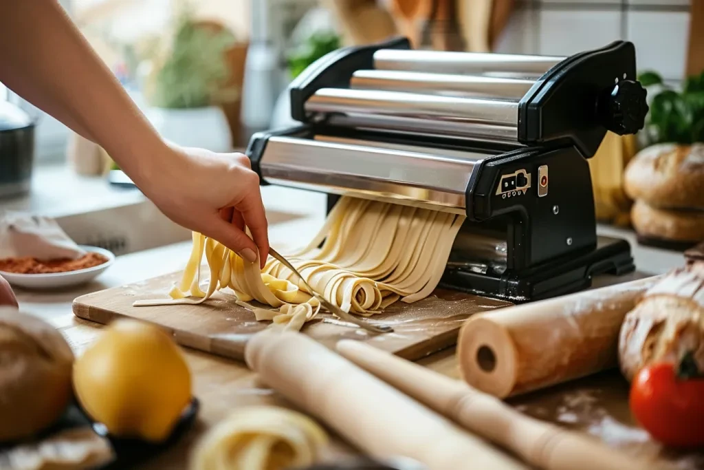 Eine Person benutzt die Nudelmaschine