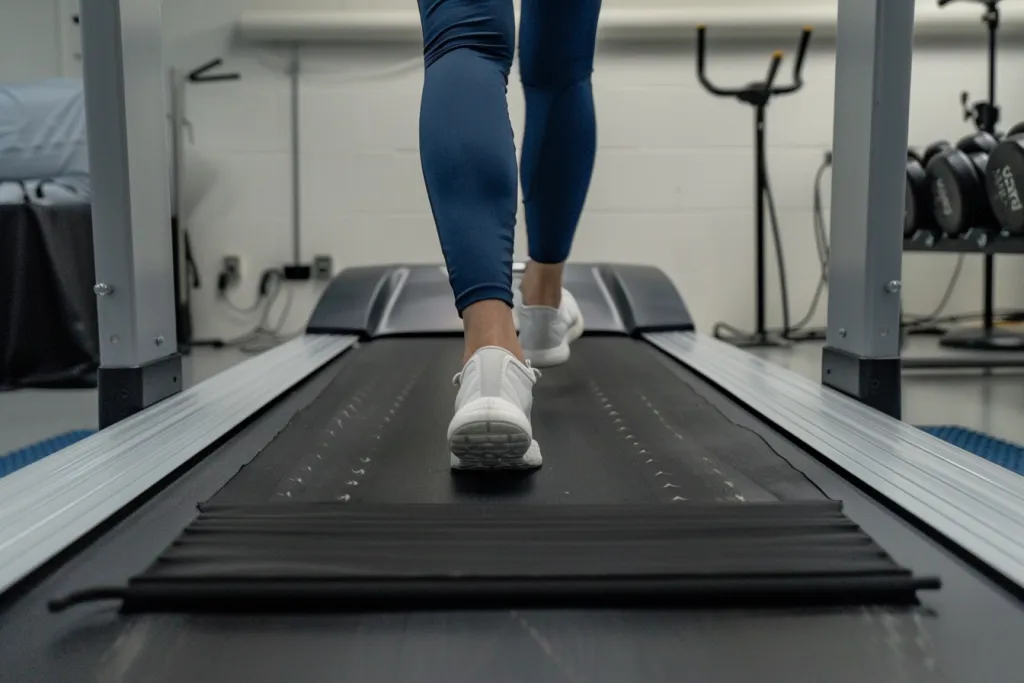 A person is walking on the treadmill