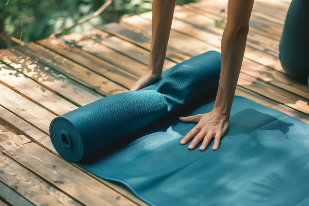 A person unrolling their yoga mat on the floor