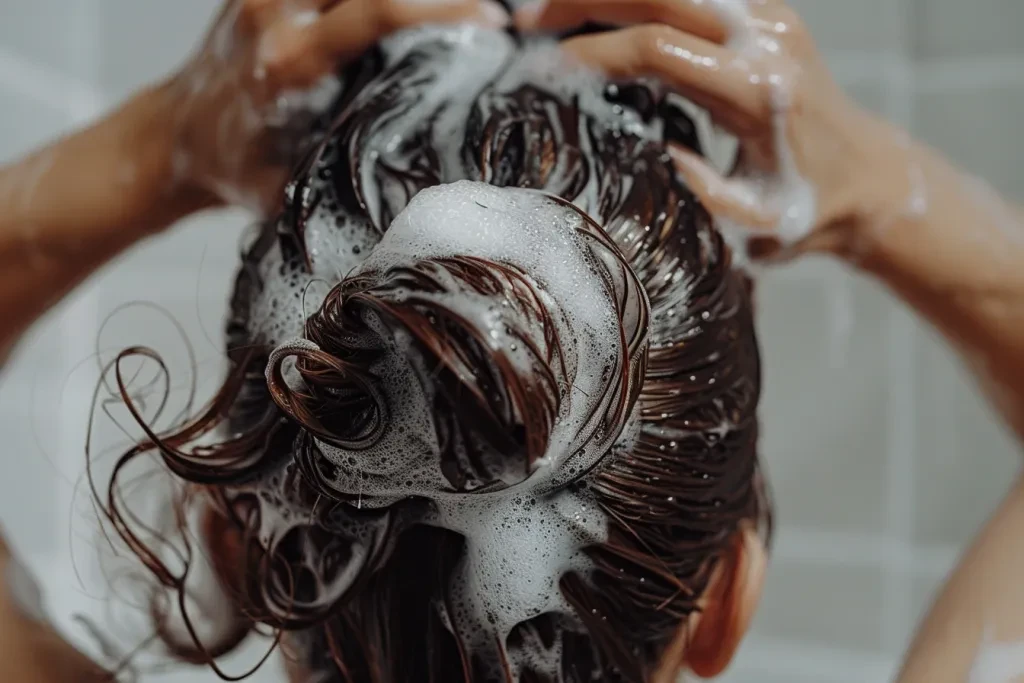 A person washing their hair with shampoo