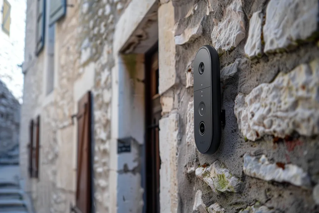 Una foto de un timbre con cámara elegante y moderno colgado en la pared exterior.