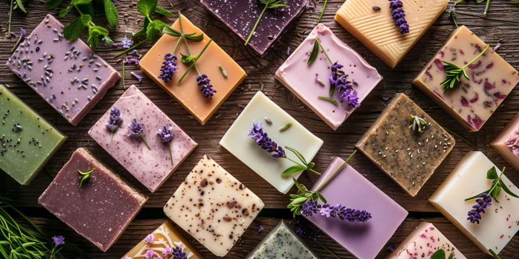 A photo of natural soap bars with lavender flowers on top