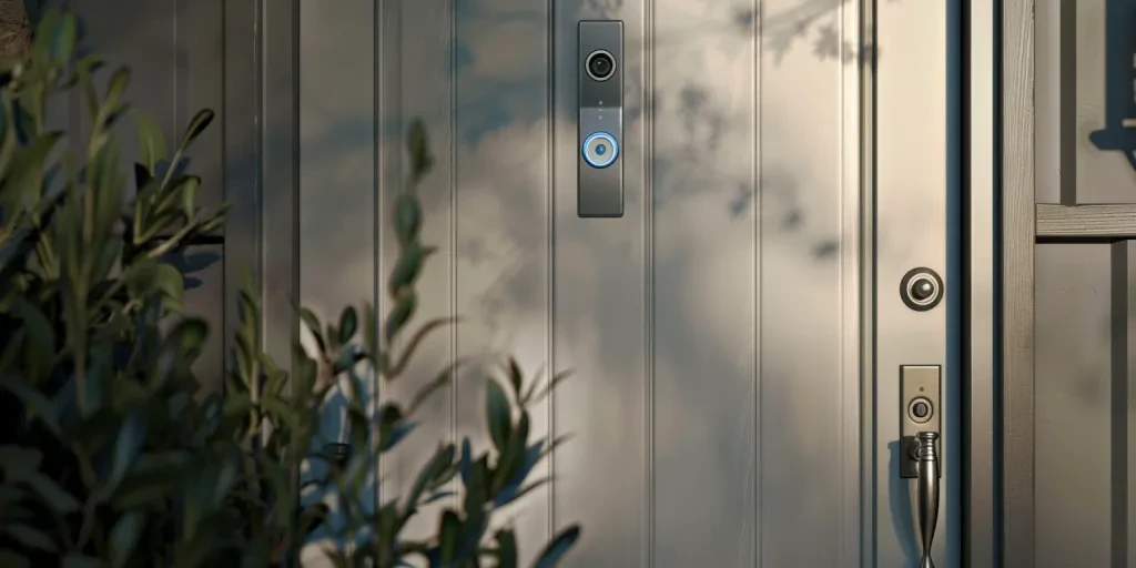 A photo of the front door with a smart home doorbell camera on it