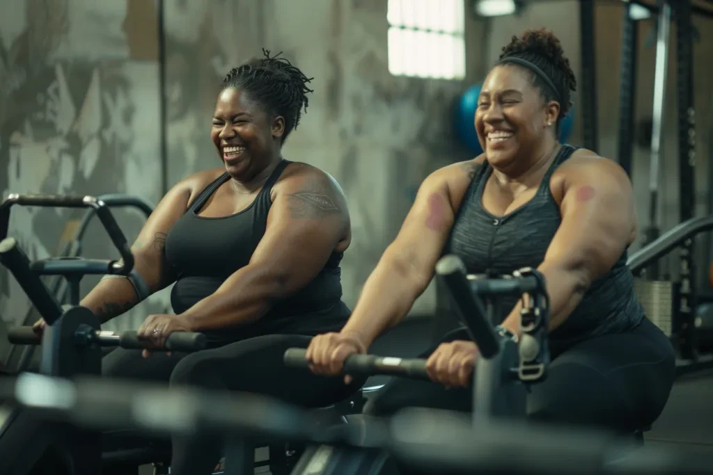 A photo of two plus-size black women working out