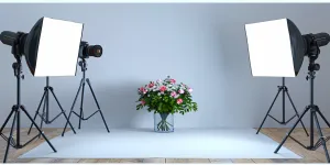 A photo studio setup with three lights