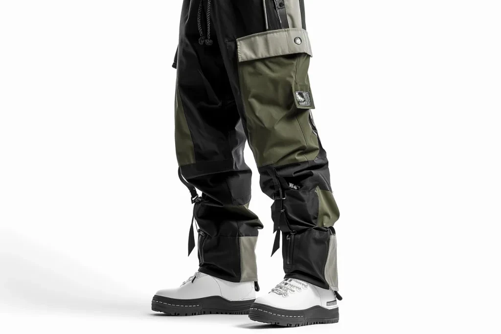 A product photo shows black and green snow pants