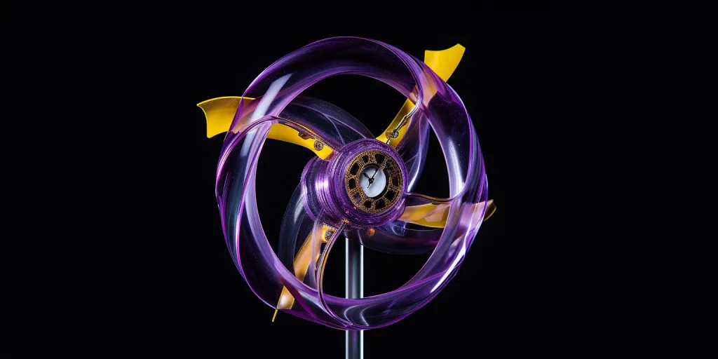 Una turbina eólica de color púrpura en forma de espiral con detalles en amarillo.