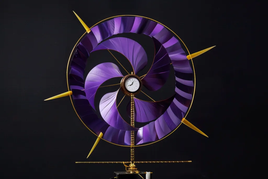 Una turbina eólica en forma de espiral de color púrpura con detalles en amarillo.