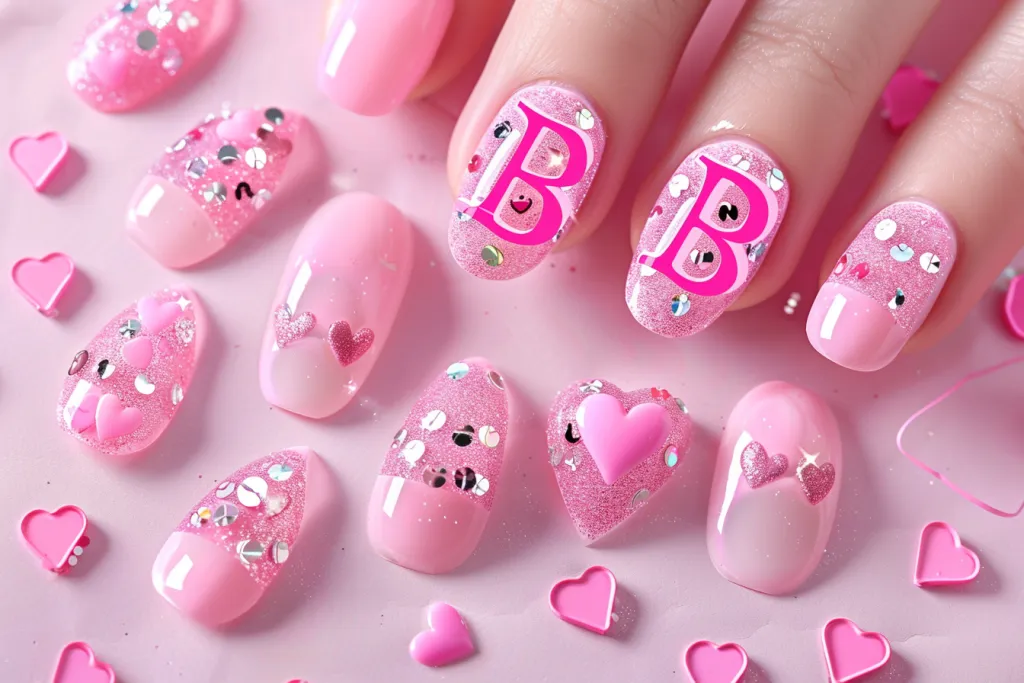 Een vel roze nagelstickers met schattige Barbie-achtige ontwerpen erop