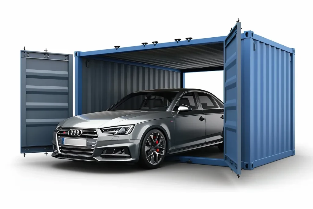 A silver car is parked in front of an open blue container