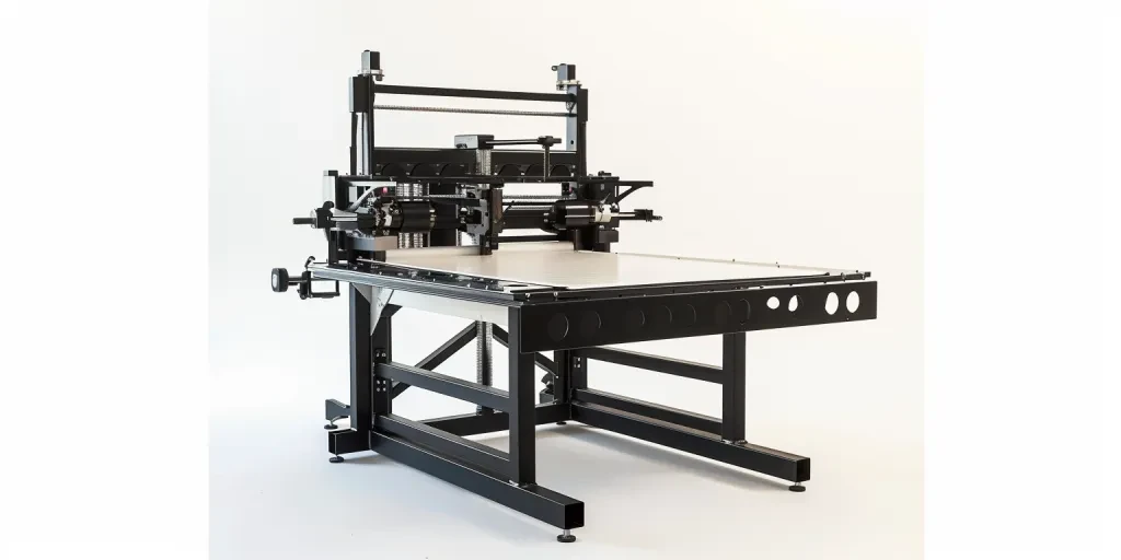 A simple small screen printing press on a white background shown