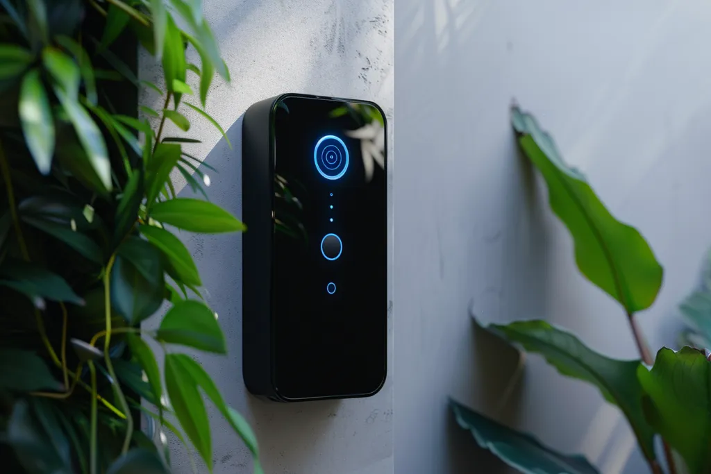 A sleek black doorbell with blue LED lights and a camera on the front