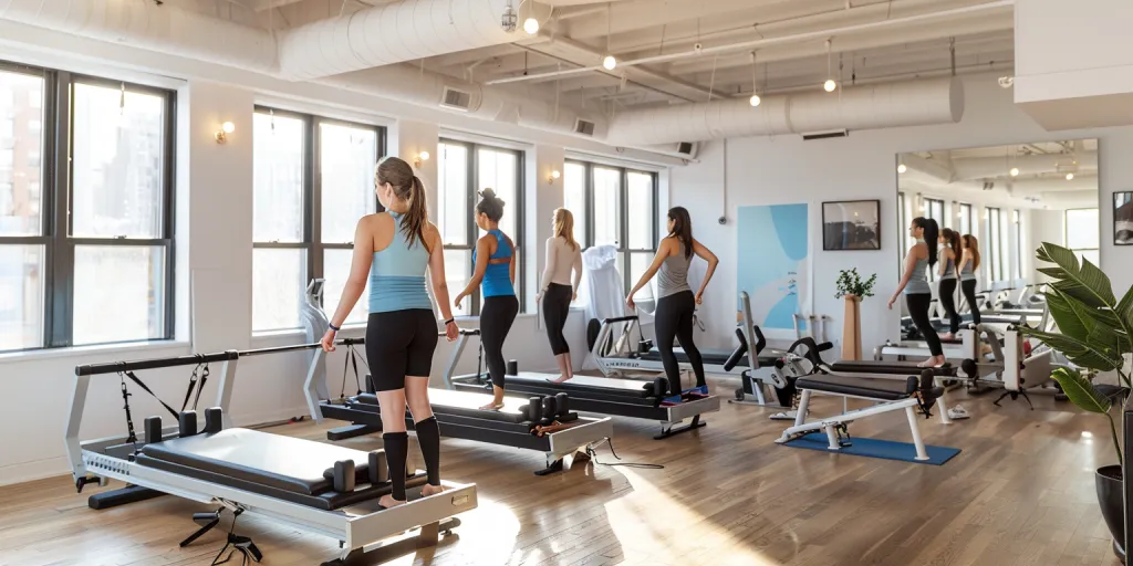 A small group of people were doing pilates with the reformer machine