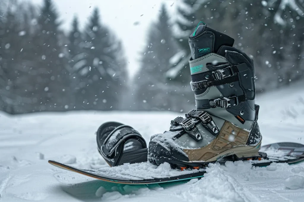 Uma bota de snowboard e a parte de trás de um par de botas abertas