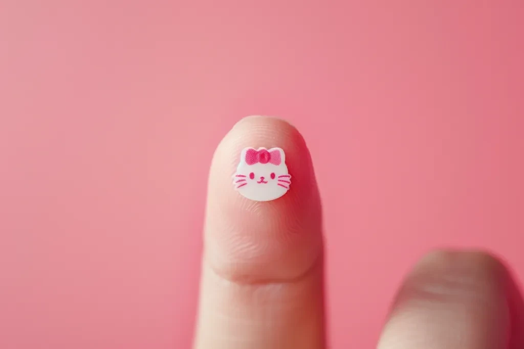 Ein kleiner Hello Kitty-Aufkleber auf der Fingerspitze einer Person vor einem pastellrosa Hintergrund