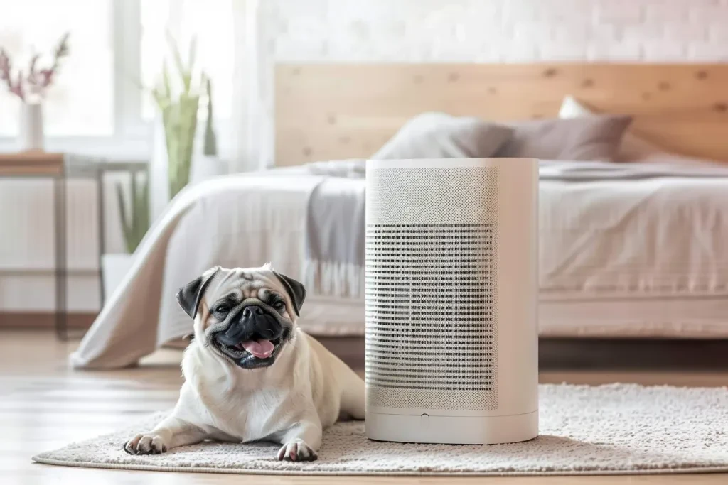 Un purificateur d'air blanc est placé sur le sol