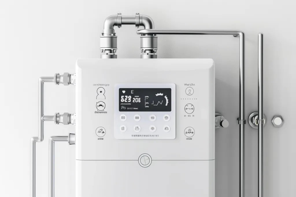 A white and silver water purifier with an LED display showing the time