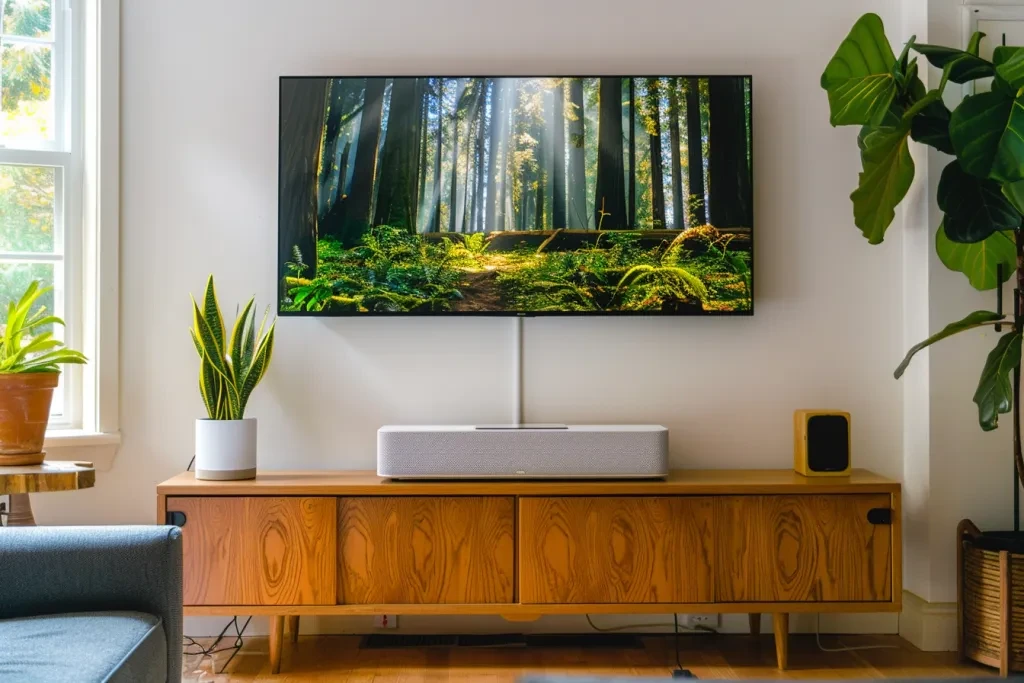 A white soundbar is mounted on the wall