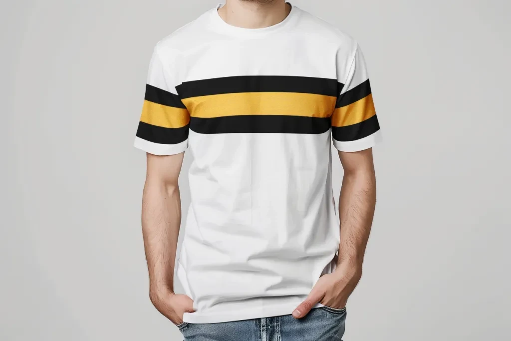 A white t-shirt with black and yellow stripes