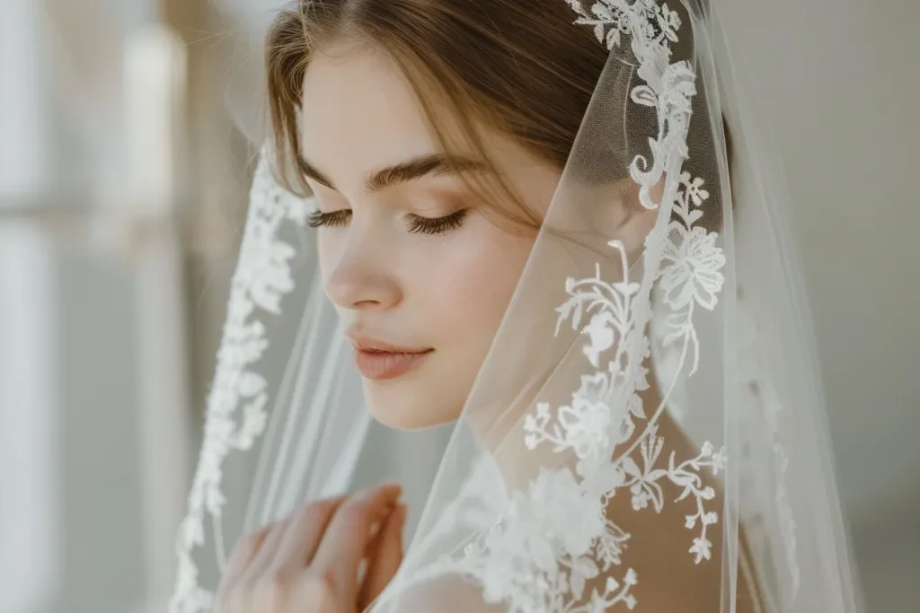 Un voile de mariée en tulle blanc avec bordure en dentelle et broderie florale