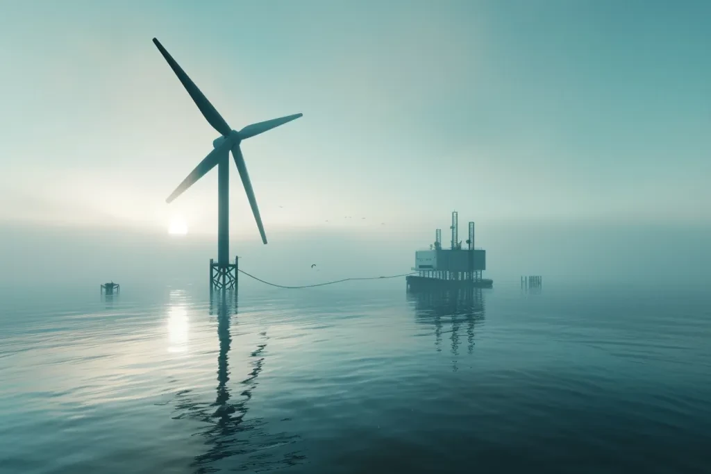 A wind turbine is being connecting to the grid by an ornithological vessel