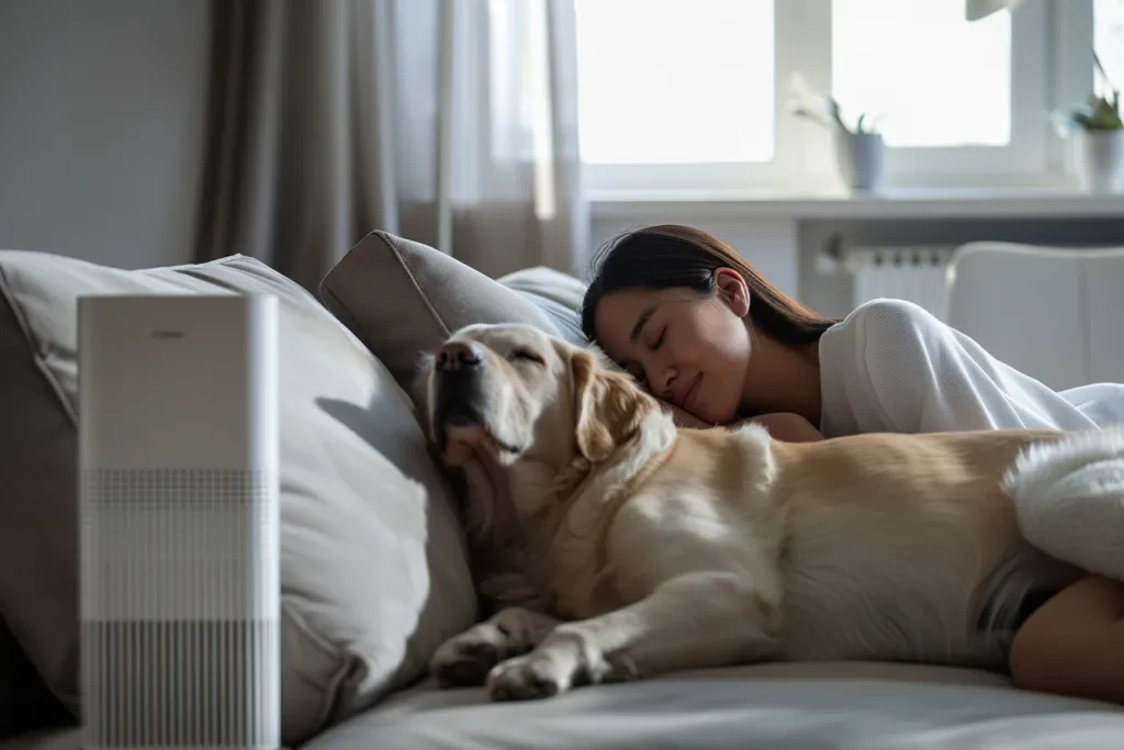 Une femme et son chien allongés sur le canapé de leur salon