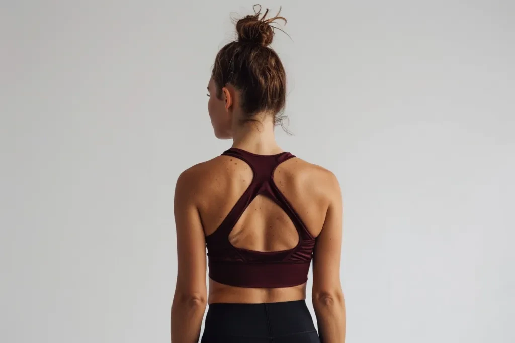 Una donna con leggings neri e un top sportivo bordeaux