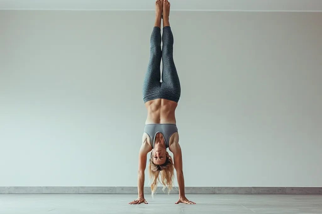 Yoga kıyafetleri giymiş bir kadın amuda kalkma pozu veriyor