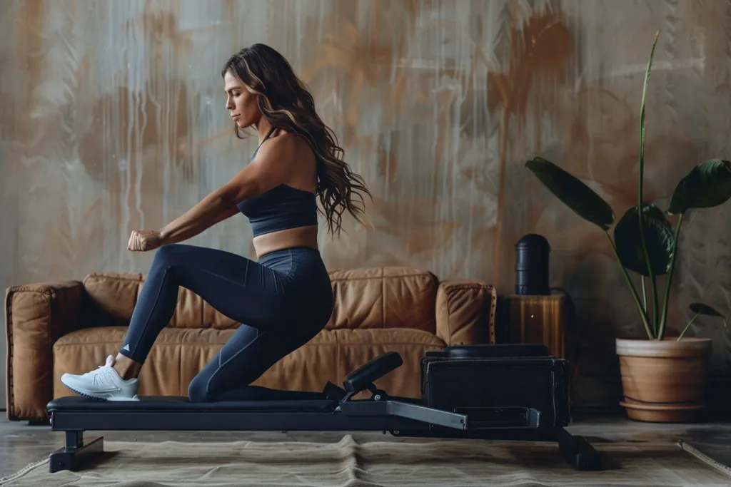 Yoga pantolonlu ve beyaz spor ayakkabılı bir kadın, Ex yalınayak kürek makinesinde bacak çalışması yapıyor